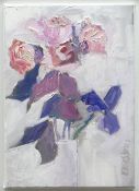 ALASTAIR ELKES-JONES oil on canvas - still life, entitled verso 'Four Roses with Iris', signed, 25 x