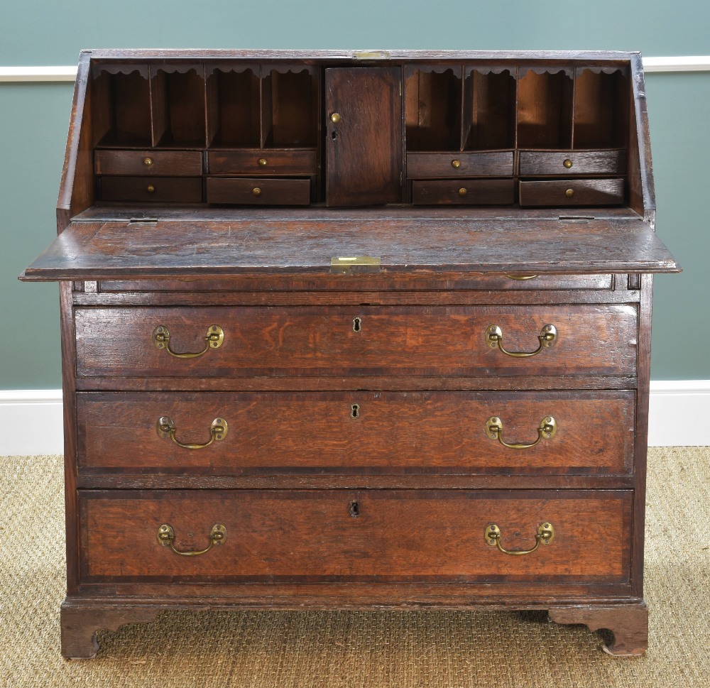 GEORGE III OAK & MAHOGANY CROSSBANDED BUREAU, angled fall, enclosing fitted interior above four - Image 2 of 3