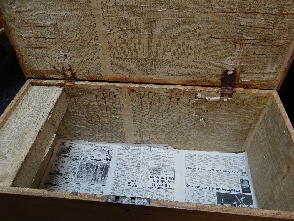 GOLDEN PINE TOOLBOX OR TRUNK, interior with candle box and lined in late Victorian newspaper, 41h - Image 15 of 24