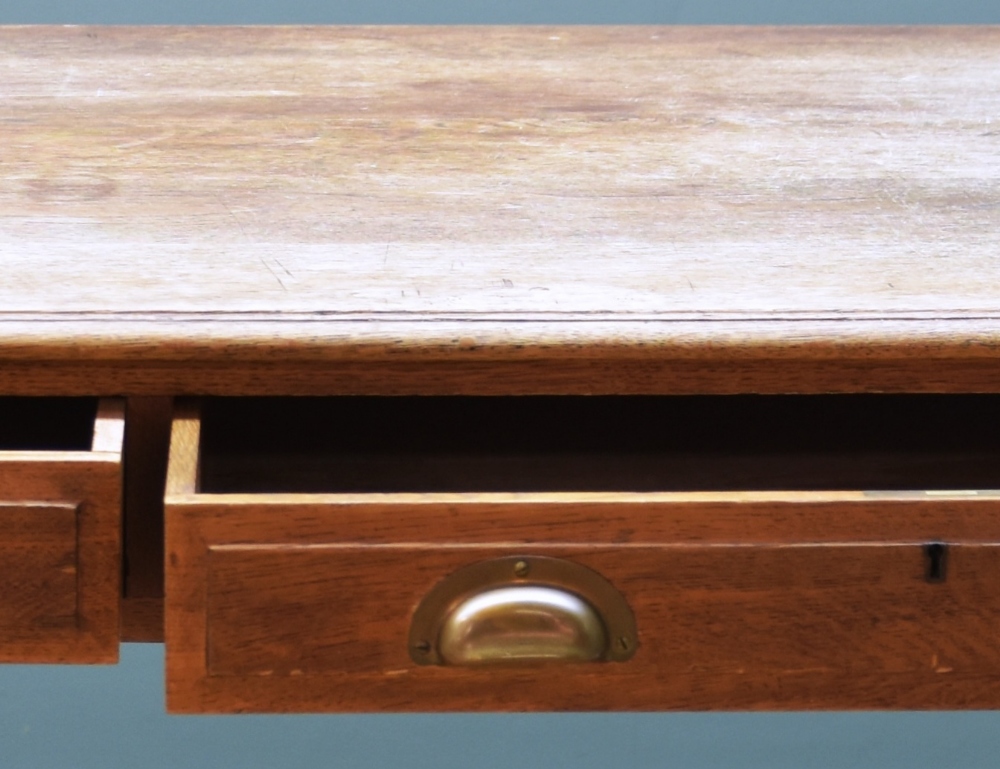 VINTAGE OAK WRITING TABLE, moulded top above two frieze drawers with brass handles, tapering - Image 2 of 4