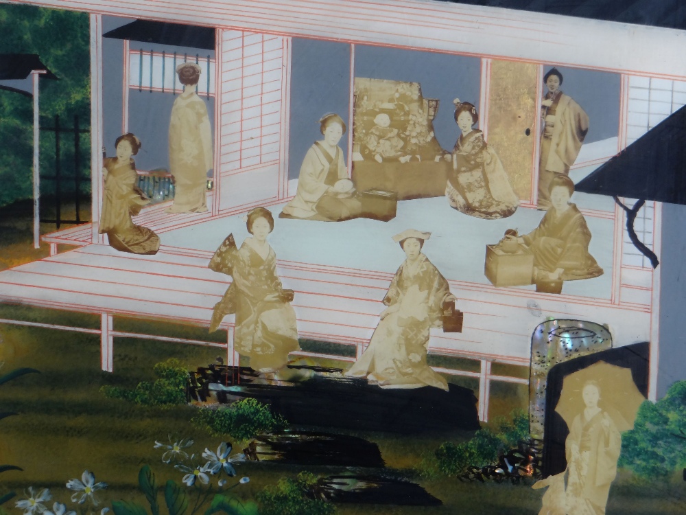 EARLY 20TH CENTURY REVERSE GLASS COLLAGE, depicting photograph cut-outs of Japanese women in - Image 2 of 4