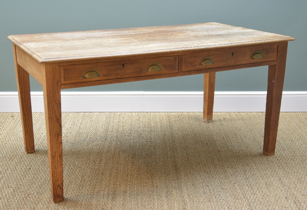 VINTAGE OAK WRITING TABLE, moulded top above two frieze drawers with brass handles, tapering - Image 3 of 4