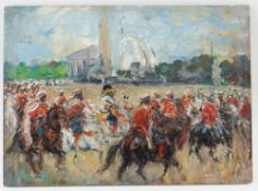 CIRCLE OF FRANK BRANGWYN, oil on panel - procession at Crystal Palace, titled and inscribed verso,