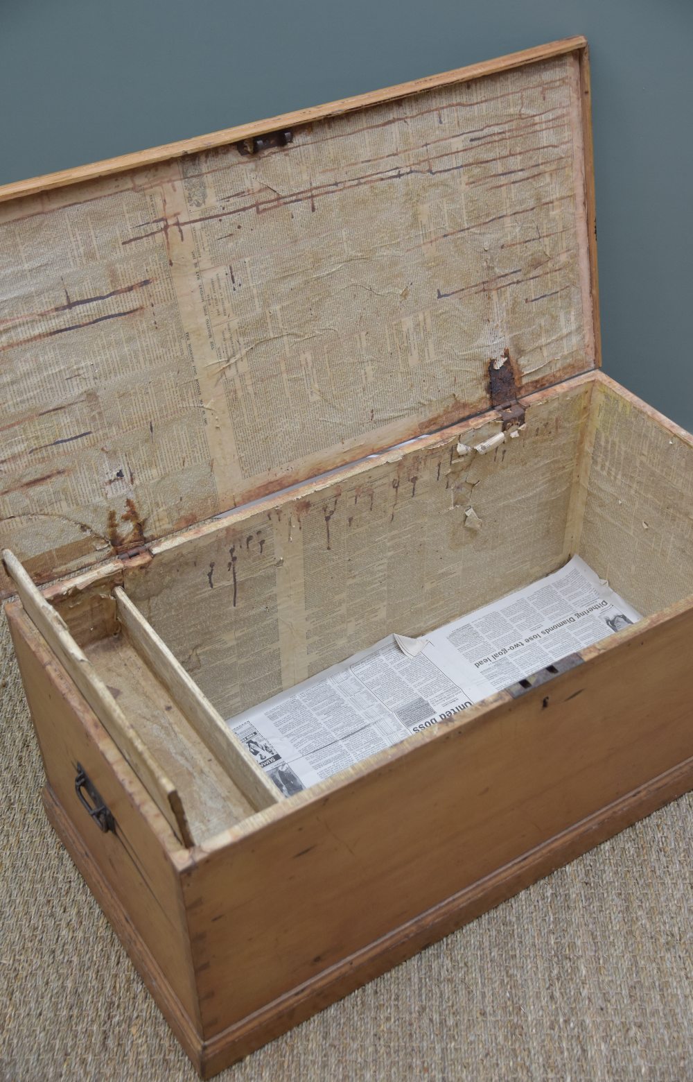 GOLDEN PINE TOOLBOX OR TRUNK, interior with candle box and lined in late Victorian newspaper, 41h - Image 2 of 24