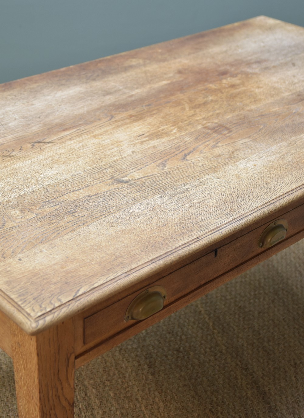 VINTAGE OAK WRITING TABLE, moulded top above two frieze drawers with brass handles, tapering - Image 4 of 4