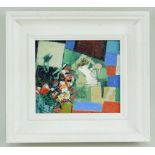 ROBIN BOYD acrylic - still Life with flowers and squares, signed, 14 x 16cms