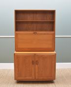 ERCOL PALE ELM 'WINDSOR' BUREAU BOOKCASE, with adjustable shelves above rectangle fall and