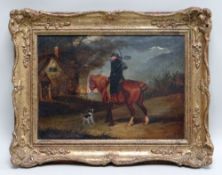 AFTER GEORGE MORLAND oil on canavs - Returning Home, farmer on horseback approaching cottage and