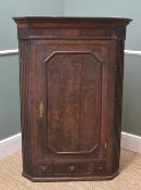 GEORGE III OAK & MAHOGANY CROSSBANDED HANGING CORNER CUPBOARD, shaped cornice above panelled door