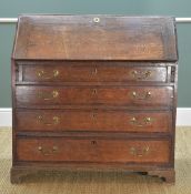 GEORGE III OAK & MAHOGANY CROSSBANDED BUREAU, angled fall, enclosing fitted interior above four