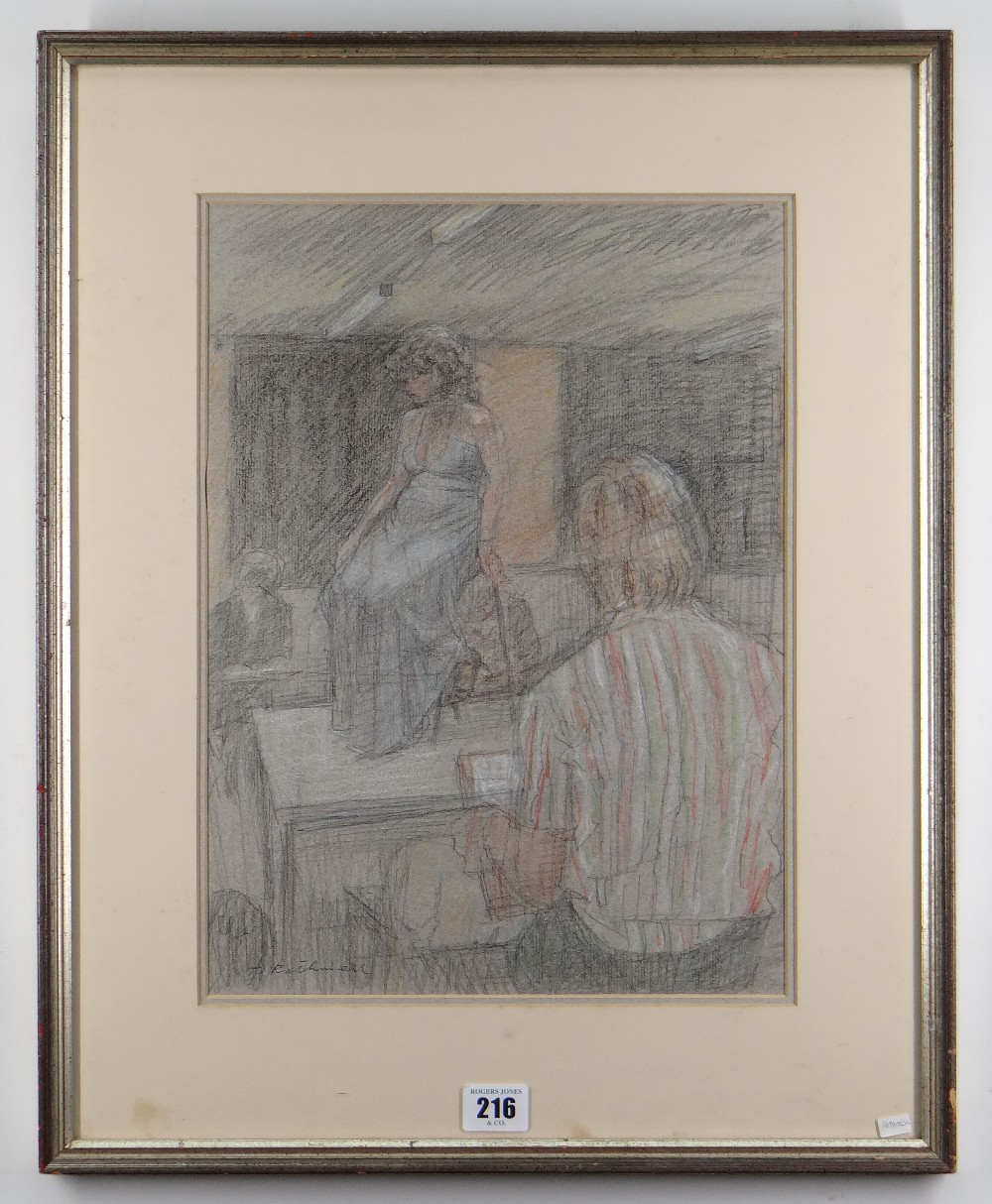 THOMAS RATHMELL pencil drawing - figures in a life-drawing class with model on a chair, signed, 37 x - Image 2 of 2