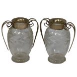 SILVER MOUNTED CUT GLASS VASES, A PAIR - having twin scroll handles, London 1900, Maker John