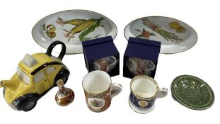 ROYAL WORCESTER COMMEMORATIVE MUGS including two boxed, Evesham cookware, also, Derby bottle vase,