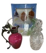 ANTIQUE & LATER GLASSWARE, FOUR ITEMS to include a Victorian cranberry glass claret jug with