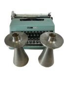 MASTAD NORWEGIAN PEWTER CANDLEHOLDERS, A PAIR - 15.5cms tall, and an Olivetti Lettera 32 portable