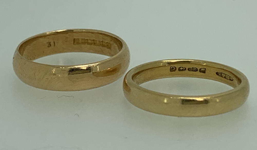 22CT GOLD WEDDING BANDS (2) - 9.9grms gross, the wider band ring size N, dated 1862, the other mid - Image 2 of 2