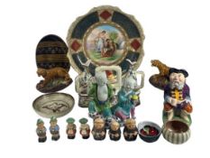 FIGURAL ORNAMENTS & OTHER POTTERY to include a Paris porcelain type charger, Chinese figural