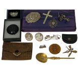 ANTIQUE SILVER JEWELLERY, a Dutch brooch with tavern scene, Knight on horseback, engraved cross,