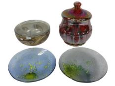 ART GLASSWARE PAIR OF IRIDESCENT PLATES - 16cms D, lidded lustre vase, 18cms H and a bowl by Gozo,
