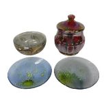 ART GLASSWARE PAIR OF IRIDESCENT PLATES - 16cms D, lidded lustre vase, 18cms H and a bowl by Gozo,