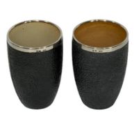 DOULTON SLATER'S LEATHER EFFECT BEAKERS - with silver collars, London 1890, silver makers