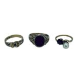 9CT GOLD DRESS RINGS (3) including a pearl and garnet mounted ring, mid M-N, belt and buckle with