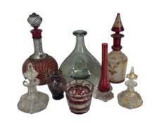 RUBY GLASS DECANTERS, stoppered scent bottles, facet form, clear glass onion shape bottle with