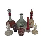 RUBY GLASS DECANTERS, stoppered scent bottles, facet form, clear glass onion shape bottle with