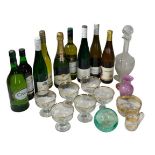 ALCOHOL - 9 bottles of wine and champagne, a glass decanter, drinking and other glassware, ETC