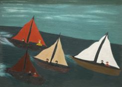 FOLLOWER OF ALFRED WALLIS (G H COOPER 1953) oil on board - yachts at sea with figures, 44 x 60cms