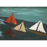FOLLOWER OF ALFRED WALLIS (G H COOPER 1953) oil on board - yachts at sea with figures, 44 x 60cms