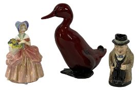 ROYAL DOULTON FLAMBE DUCK - 16cms tall, Winston Churchill Toby jug, 10cms tall and figurine 'Dissie'