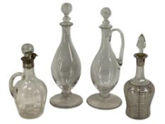 GLASS DECANTERS & CLARET JUGS (4) including two with silver collars