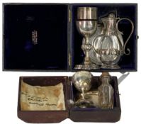 VICTORIAN SILVER COMMUNION SETS (2) - both in original cases consisting of a three part set with