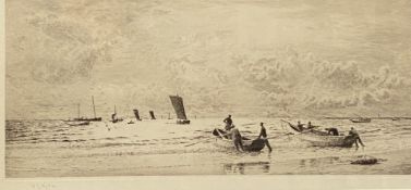 WILLIAM LIONEL WYLLIE etching - labelled verso 'Cobles at Newbiggin, Northumberland', signed in