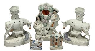 STAFFORDSHIRE COW & CALF SPILLHOLDERS, A PAIR, 27cm heights, figural and dog group watch holder,