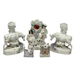 STAFFORDSHIRE COW & CALF SPILLHOLDERS, A PAIR, 27cm heights, figural and dog group watch holder,