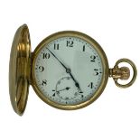 9CT GOLD CASED FULL HUNTER POCKET WATCH - manual wind with Arabic numerals and subsidiary seconds