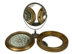 MIRRORS - a white metal dressing table mirror, oval on a square base, 47cms tall, and two bobble