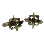 14CT GOLD RUBY SET GENTLEMAN'S CUFFLINKS, A PAIR - the openwork tops with star form detail and two