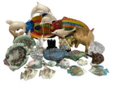 ORNAMENTAL FISH & ANIMAL FIGURINES - various compositions in pottery, glassware, carved wood, ETC to