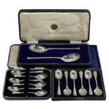 CASED SILVER SPOONS, 3 SETS to include a pair of servers, London 1920, Maker David Landsborough