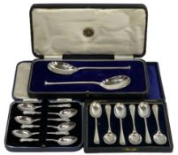 CASED SILVER SPOONS, 3 SETS to include a pair of servers, London 1920, Maker David Landsborough
