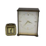 VINTAGE GARRARD BEDROOM CLOCK IN BRASS, French made, 14cms H and a brass carriage clock, 6cms H