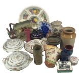 MIXED CHINA & POTTERY IN TWO BOXES to include a Majolica teapot and cover, Doulton Series ware dish,