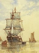 F J ALDRIDGE watercolour - moored ships in still water, signed, 18 x 13cms