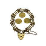 ANTIQUE GATE LINK BRACELET - with 9ct gold padlock clasp and three attached 1877 Deutsches five mark