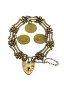 ANTIQUE GATE LINK BRACELET - with 9ct gold padlock clasp and three attached 1877 Deutsches five mark