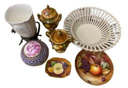 FRUIT DECORATED & OTHER CABINET & TABLE POTTERY & PORCELAIN - 7 items to include a Dresden