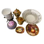 FRUIT DECORATED & OTHER CABINET & TABLE POTTERY & PORCELAIN - 7 items to include a Dresden